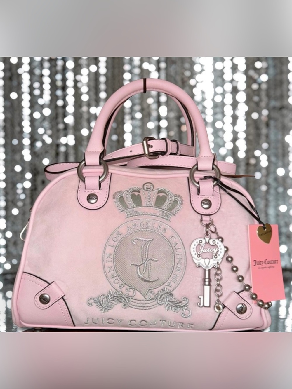 Juicy Couture Light Pink Dome Satchel with Crest Key Charm Bowler Bag Purse